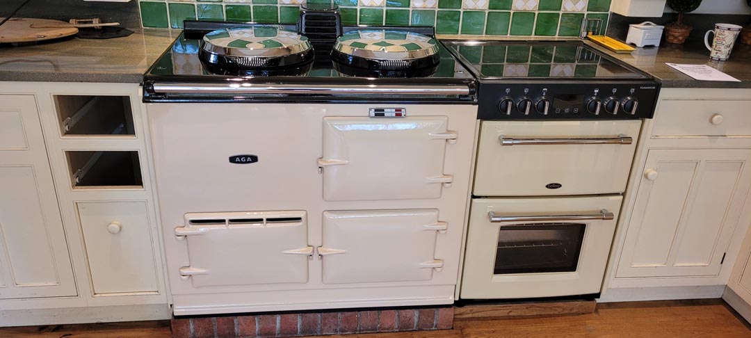 <p>2 Oven Post 74 Aga Cooker fully refurbished and enamelled in Cream, running on Electric, installed in Iwerne Minster.</p>