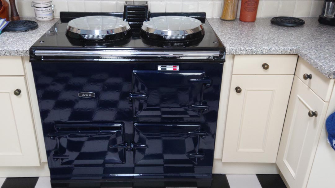 2 Oven Post 74 Aga Cooker<br>Fully reconditioned <br>Re-Enamelled in Oxford Blue<br>Electric<br><br>Installed in Colyton Devon